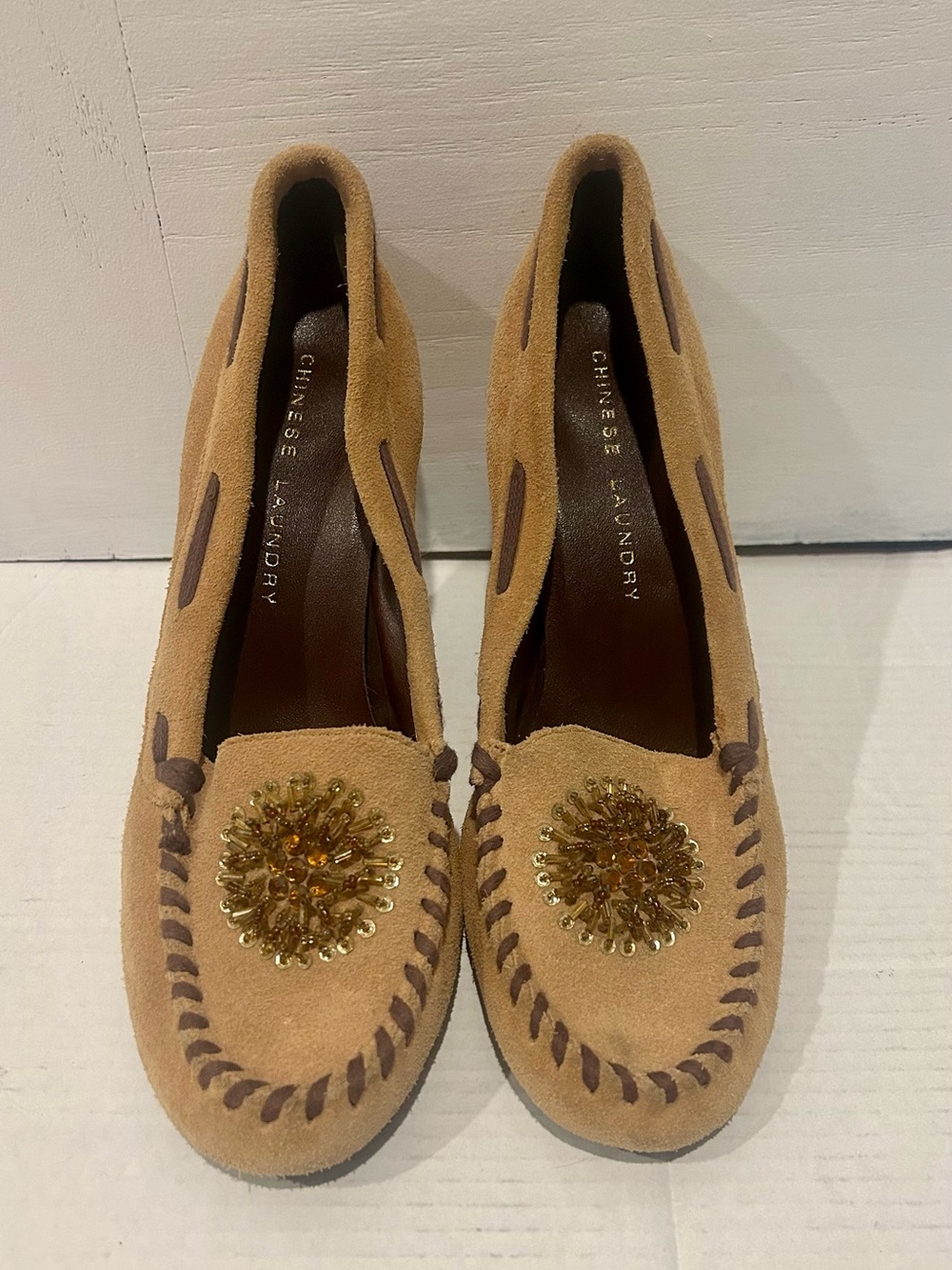Chinese Laundry Tan Suede Heeled Loafers with Beaded Accent